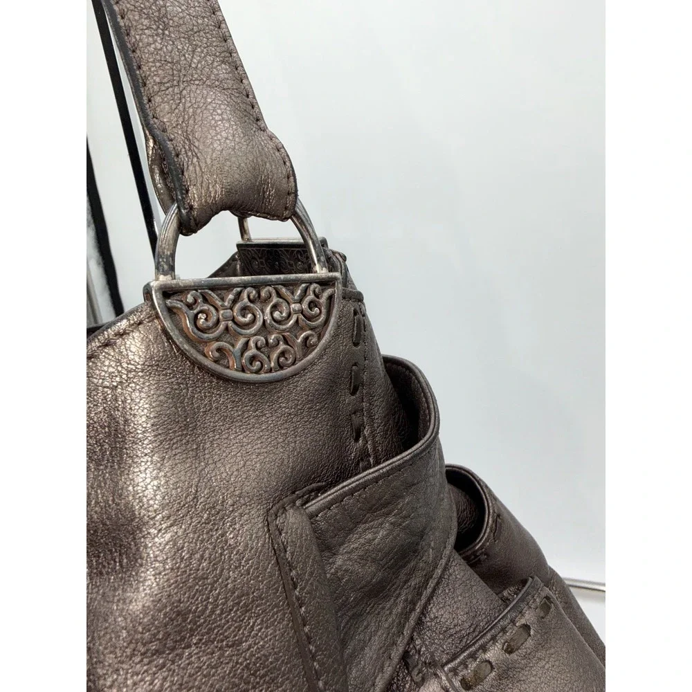 Brighton Metallic Pewter Leather Bow Hobo Shoulder Bag Silver Heart A301748 - Picture 4 of 12